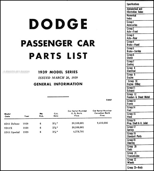 1939 Dodge Car Parts Book Original