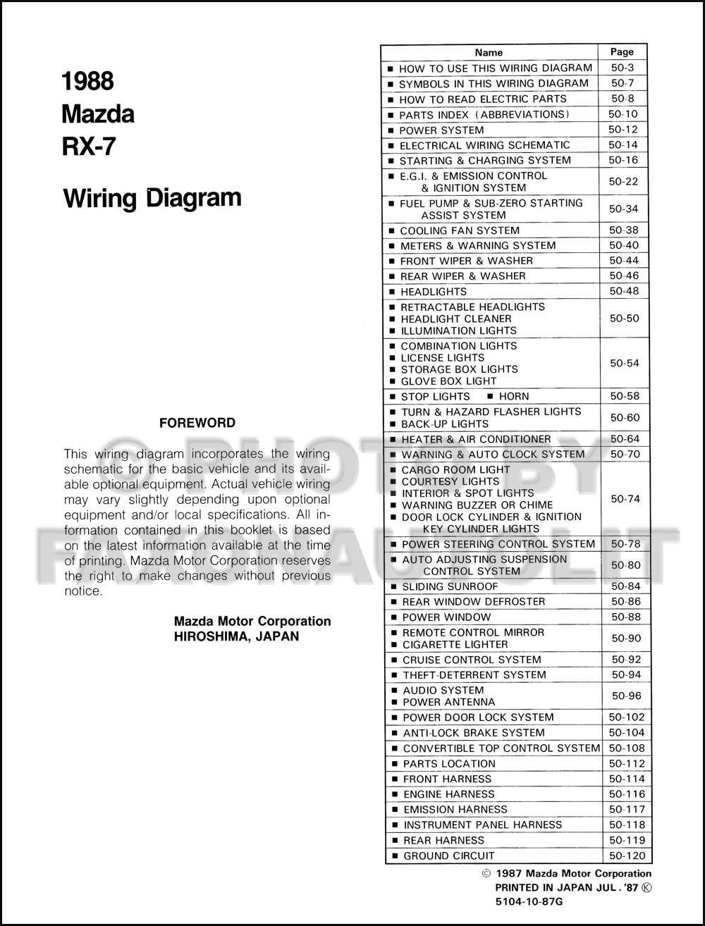 1988 Mazda RX-7 Wiring Diagram Manual Original RX7