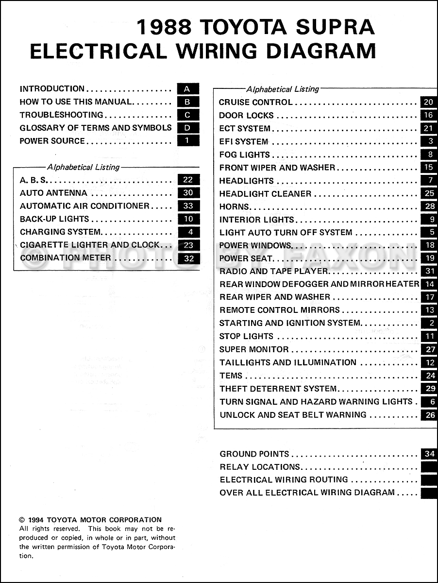 1988 Toyota Supra Wiring Diagram Manual Factory Reprint