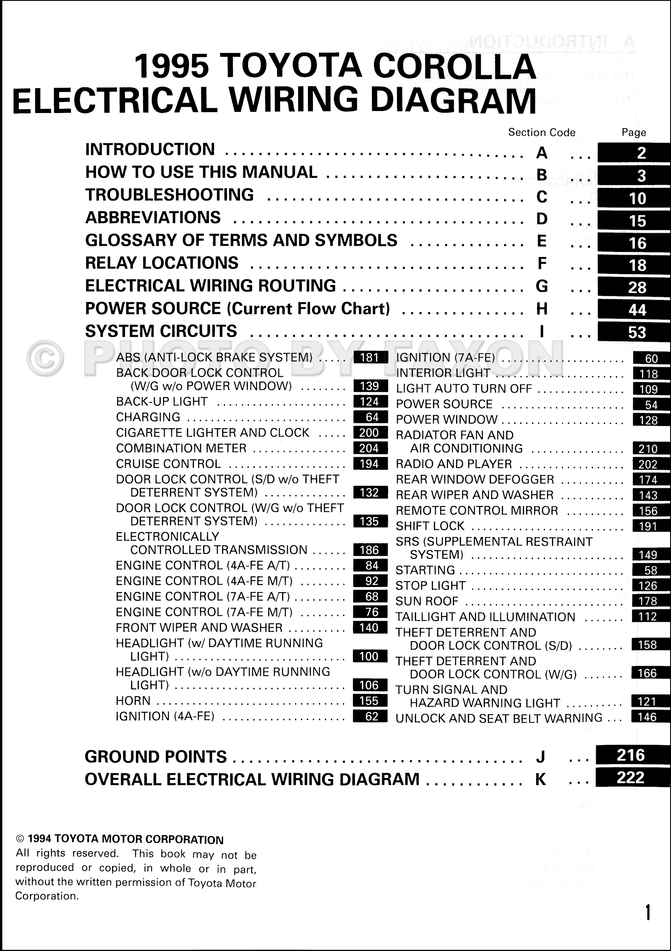 1995 Toyota Corolla Wiring Diagram Manual Original