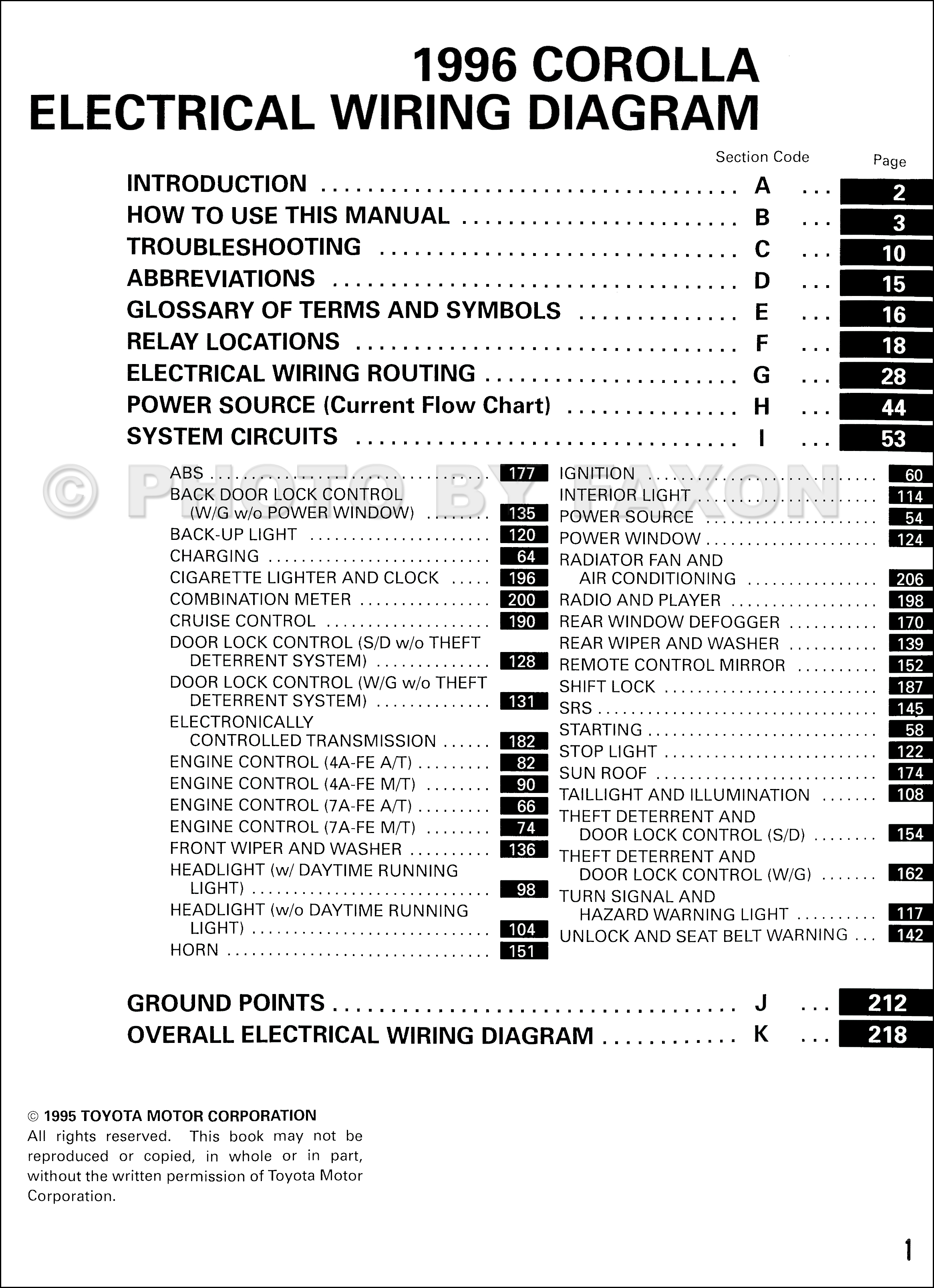 1996 Toyota Corolla Wiring Diagram Manual Original