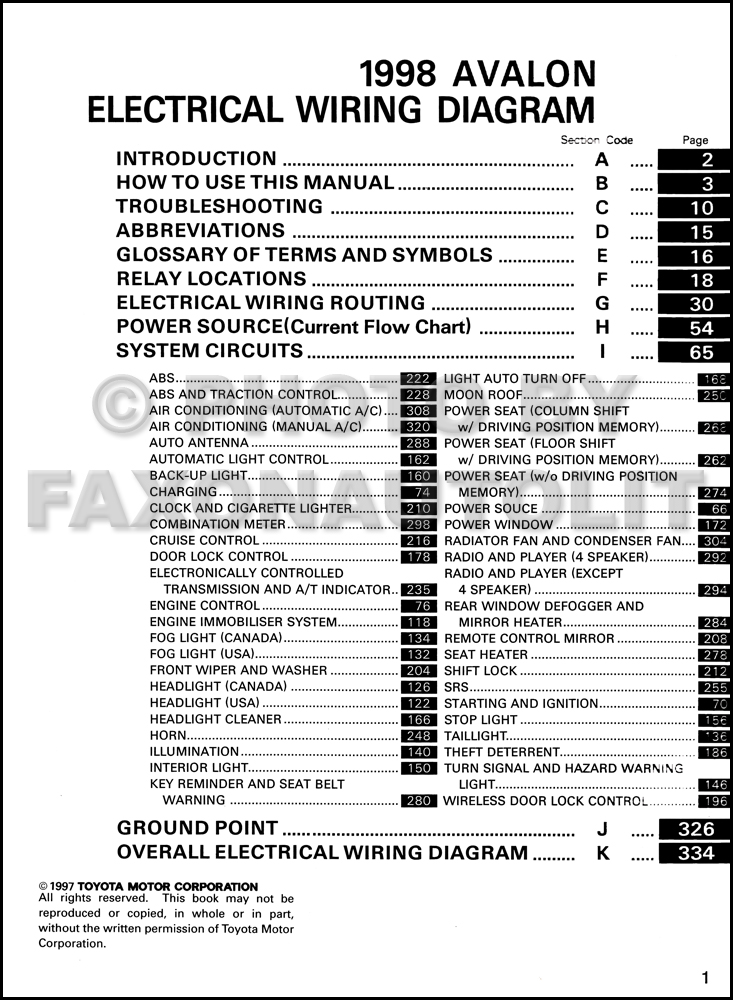1998 Toyota Avalon Wiring Diagram Manual Original