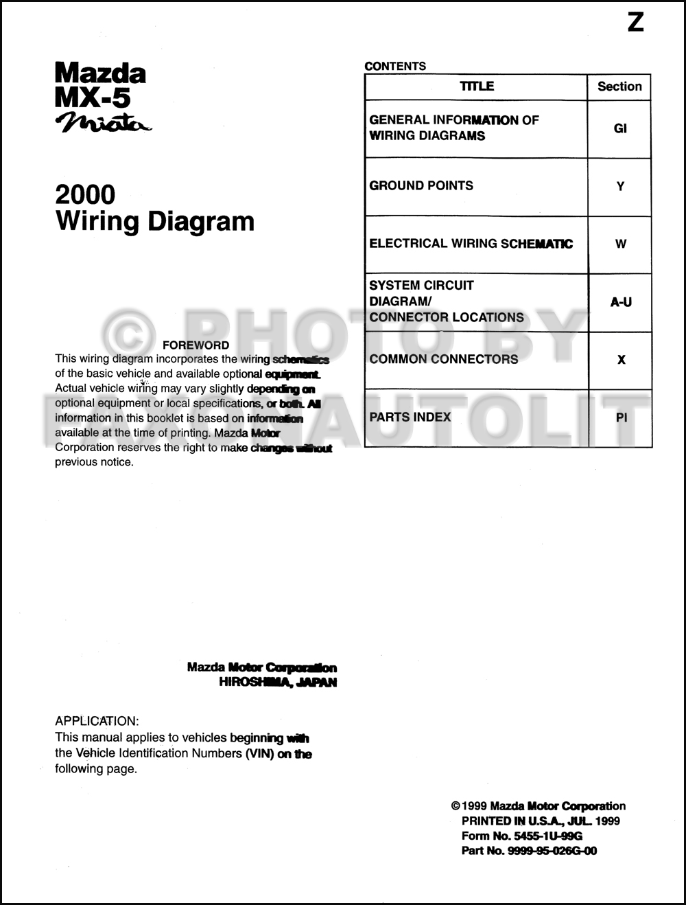 2000 Mazda MX-5 Miata Wiring Diagram Manual Original