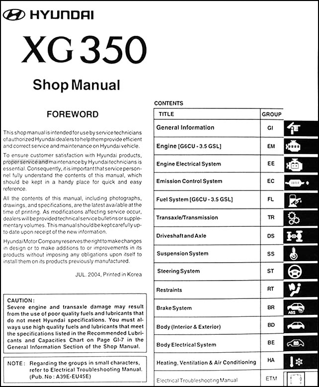 2005 Hyundai XG 350 Repair Shop Manual Original