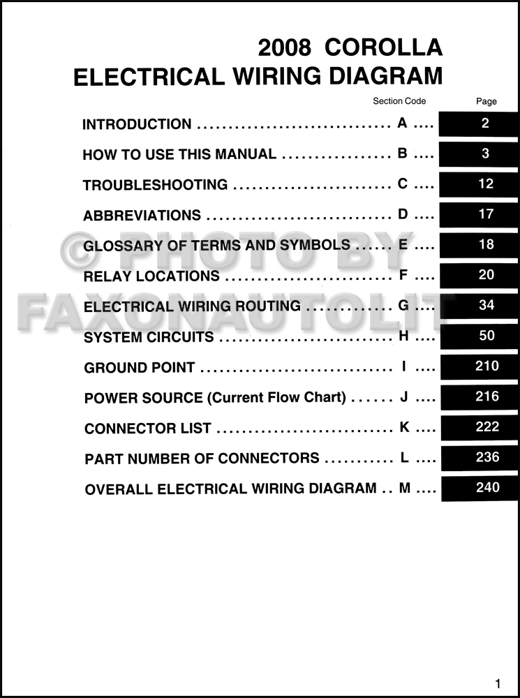 2008 Toyota Corolla Wiring Diagram Manual Original