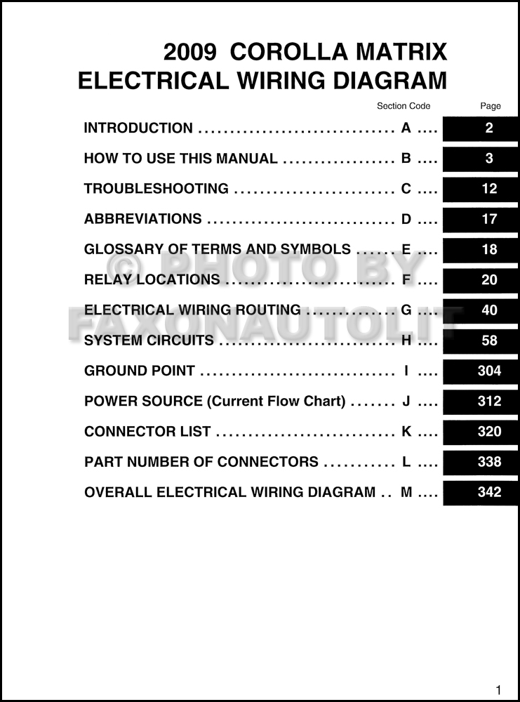 2009 Toyota Matrix Wiring Diagram Manual Original